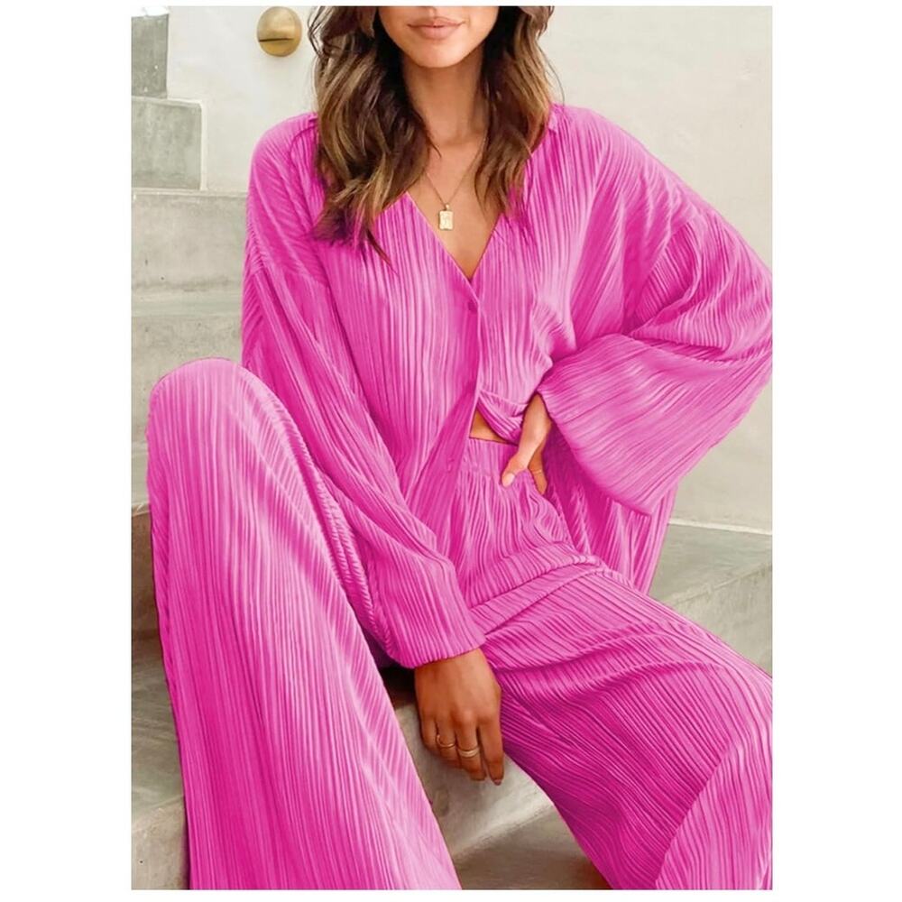 ONIRIKE 2 Pc Sweatsuit Womens SZ LRG Pleated Long Sleeve Button Up Palazzo Pants - Picture 4 of 8